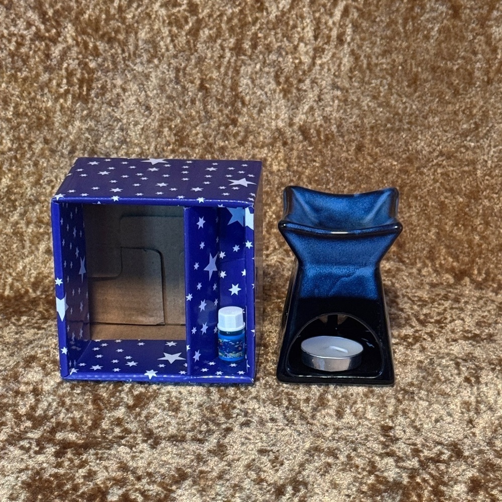 Porcelain Oil Burner Black Blue & Brown W/ 1 Tealight & Small Starter Oil Ocean